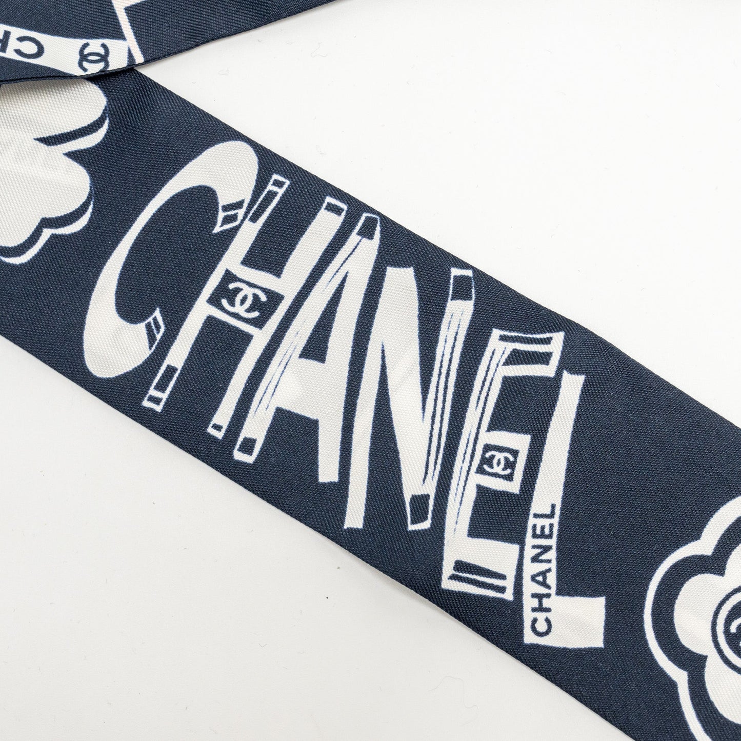 Chanel CC Logo/Letter Printed Twilly Silk Navy/White