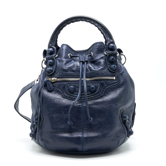 Balenciaga Giant Pompon Bucket Bag Navy