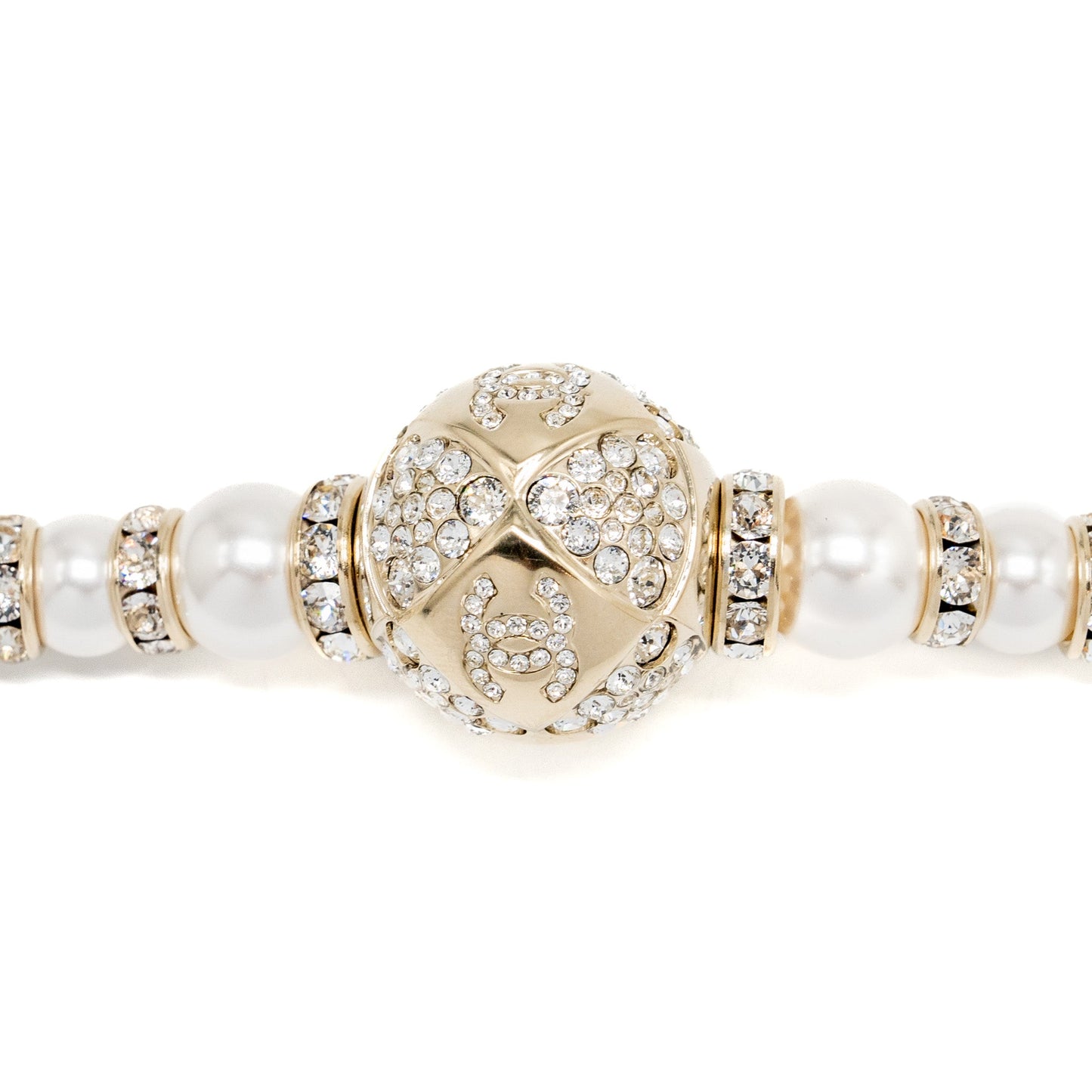 Chanel Crystal & Pearl CC Logo Bracelet Light Gold Tone