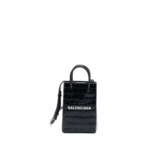 Balenciaga Mini Shopping Phone Pouch Coro-Emboss Calfskin Black SHW
