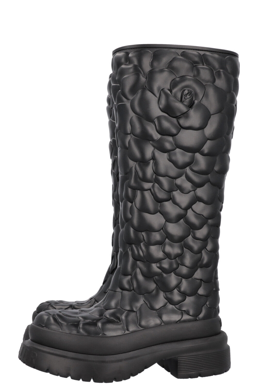 VALENTINO Floral Embossed PVC Knee High Boots Black