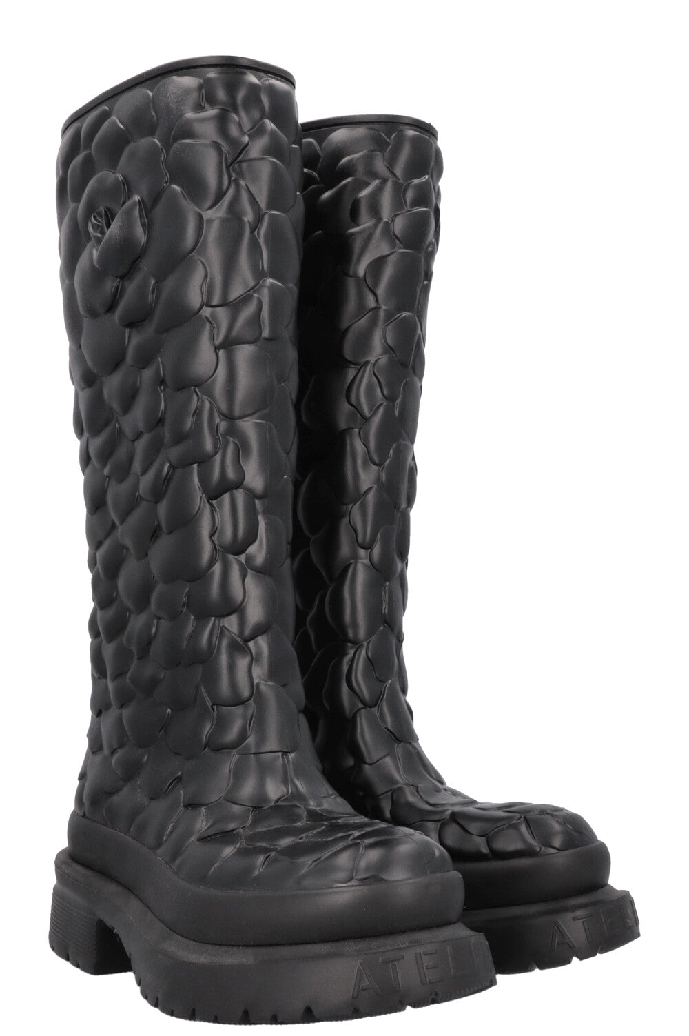 VALENTINO Floral Embossed PVC Knee High Boots Black