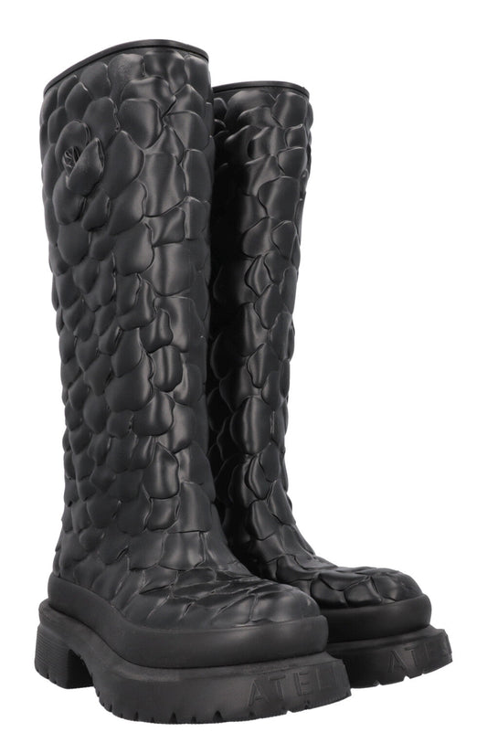 VALENTINO Floral Embossed PVC Knee High Boots Black