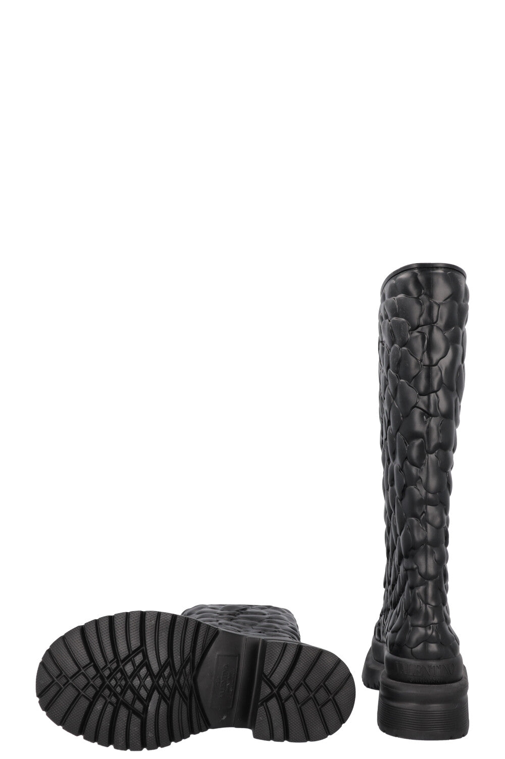 VALENTINO Floral Embossed PVC Knee High Boots Black