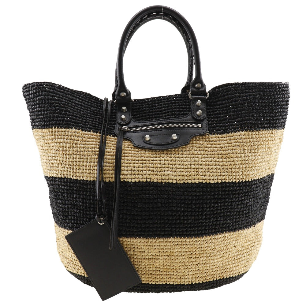 Balenciaga Raffia Basket Handbag Black/Beige
