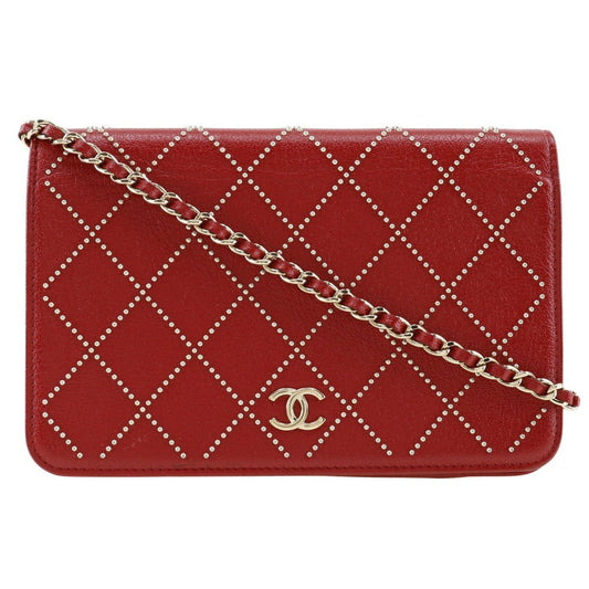Chanel Studded Chain Wallet Red Leather