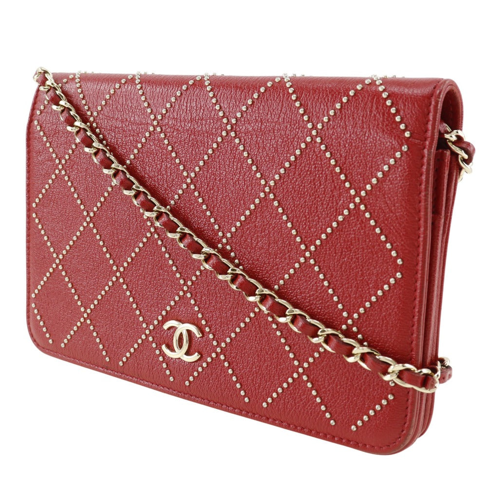 Chanel Studded Chain Wallet Red Leather
