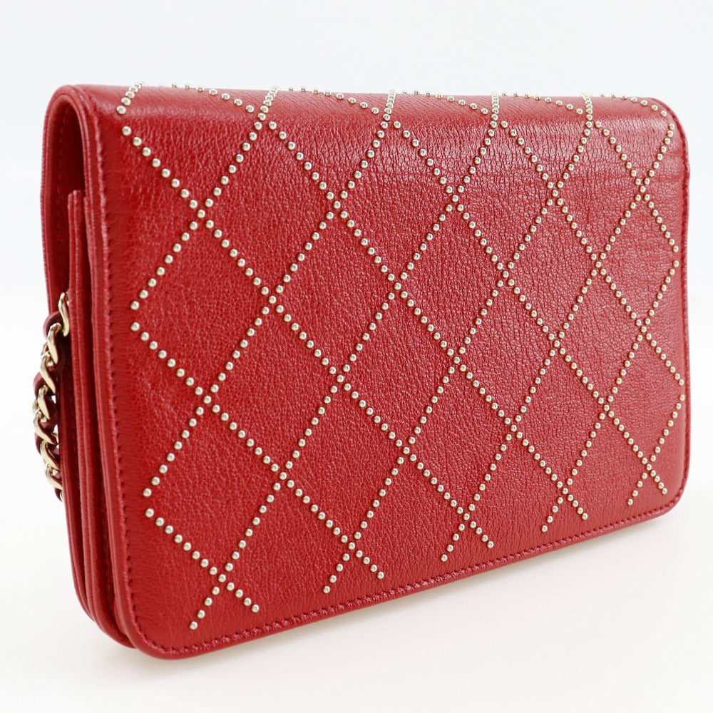 Chanel Studded Chain Wallet Red Leather