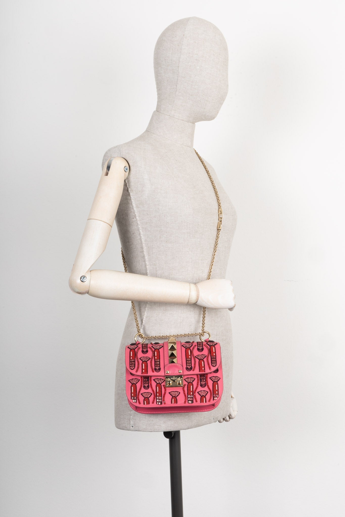 VALENTINO Rockstud Lock Lipstick Beaded Bag Pink