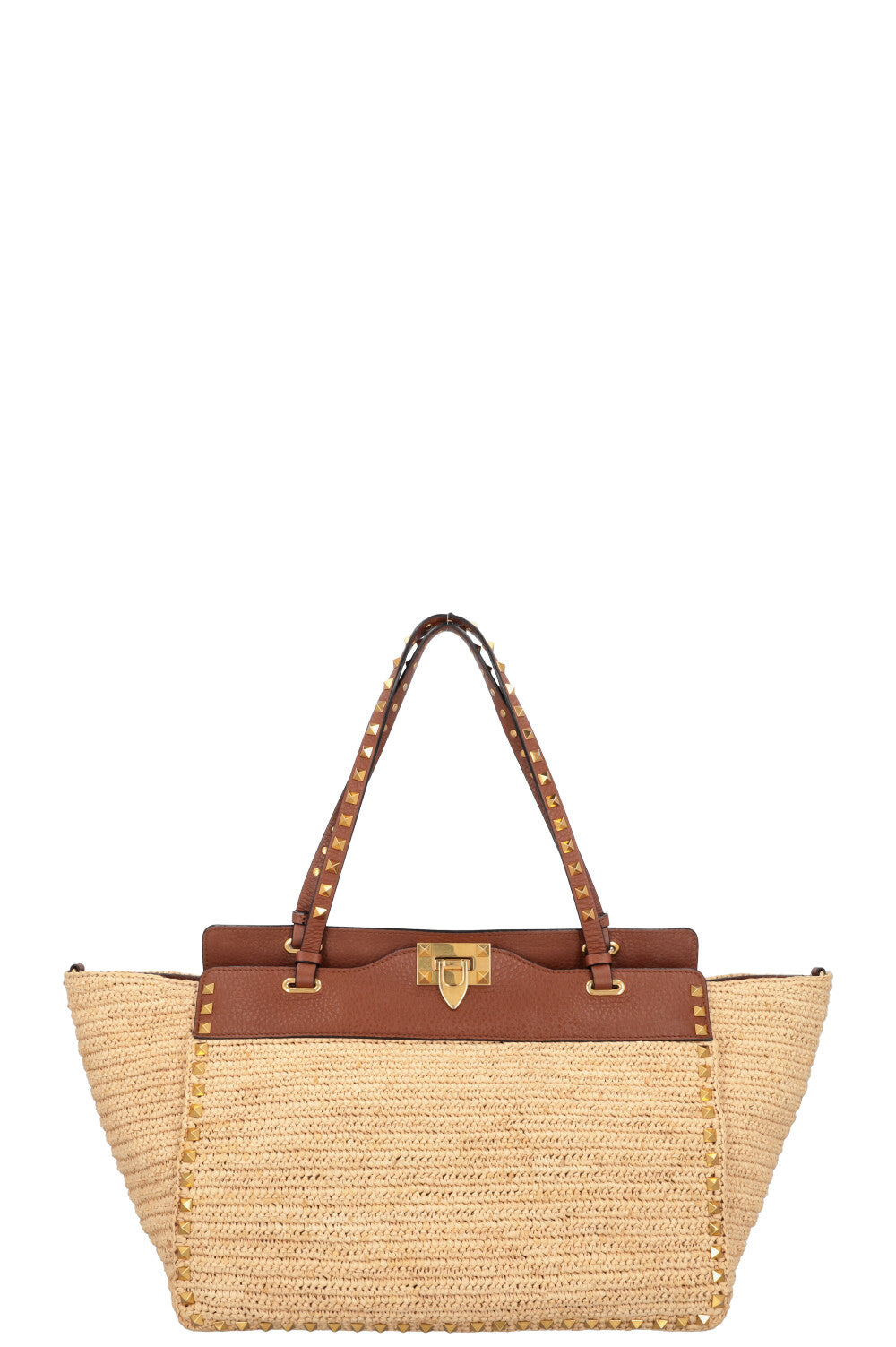 VALENTINO Rockstud Tote Bag Raffia Brown