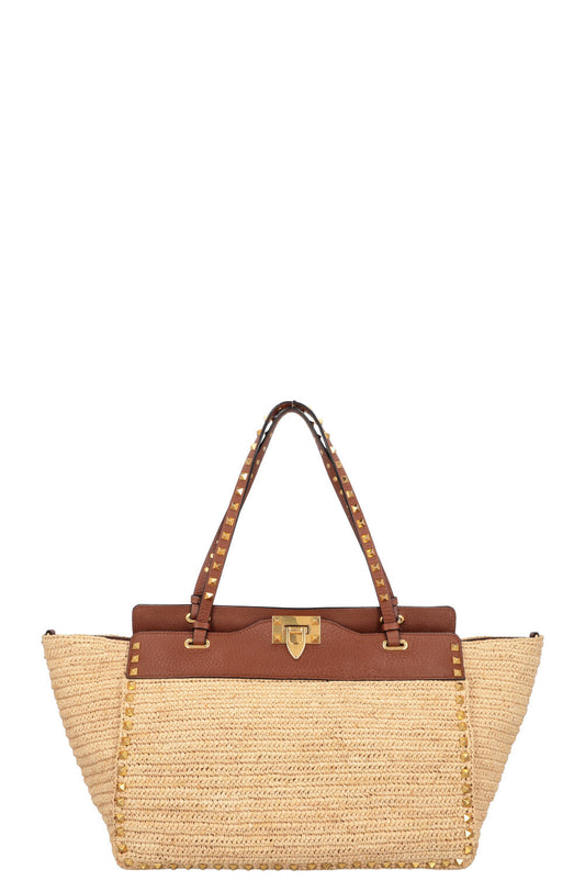 VALENTINO Rockstud Tote Bag Raffia Brown