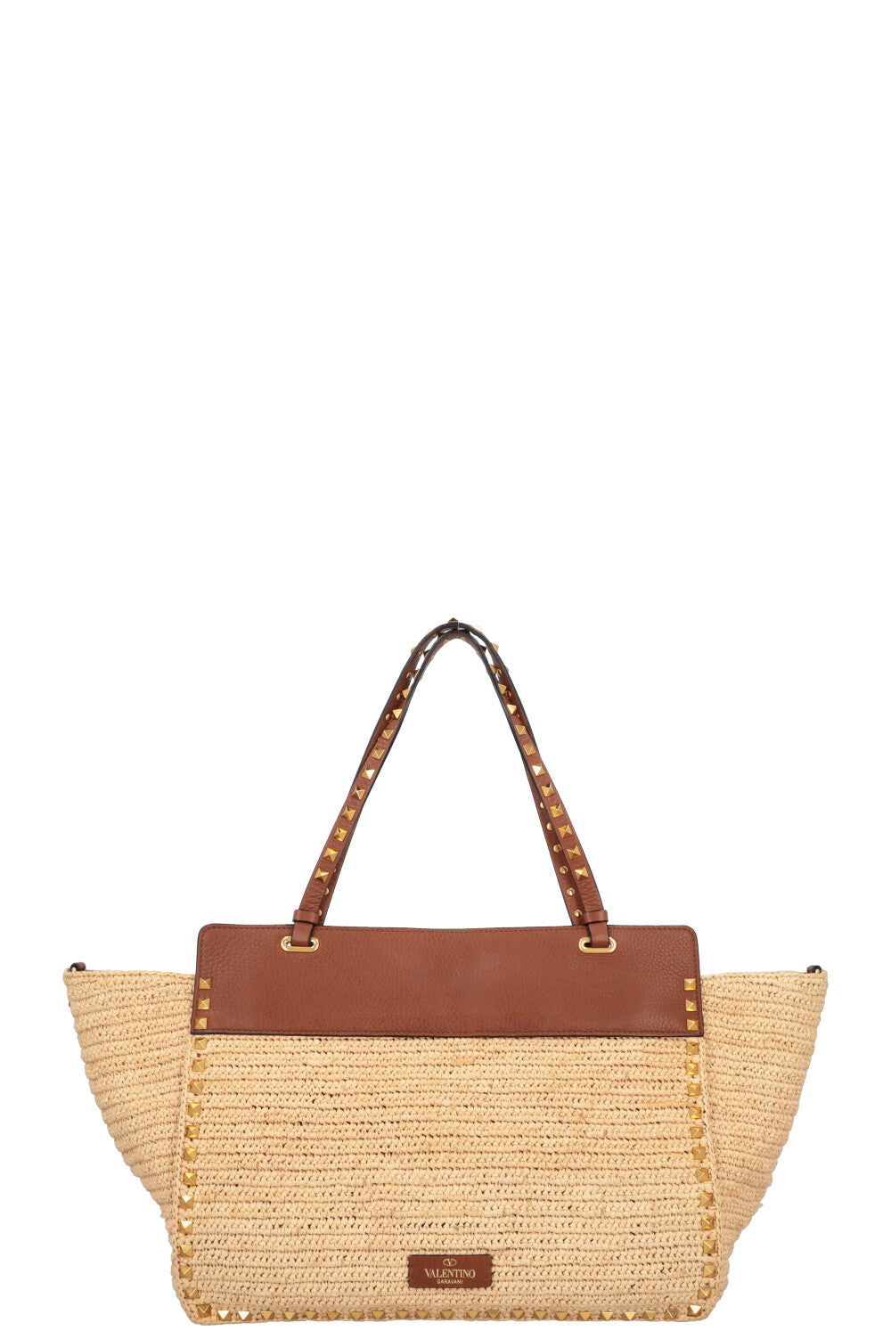 VALENTINO Rockstud Tote Bag Raffia Brown