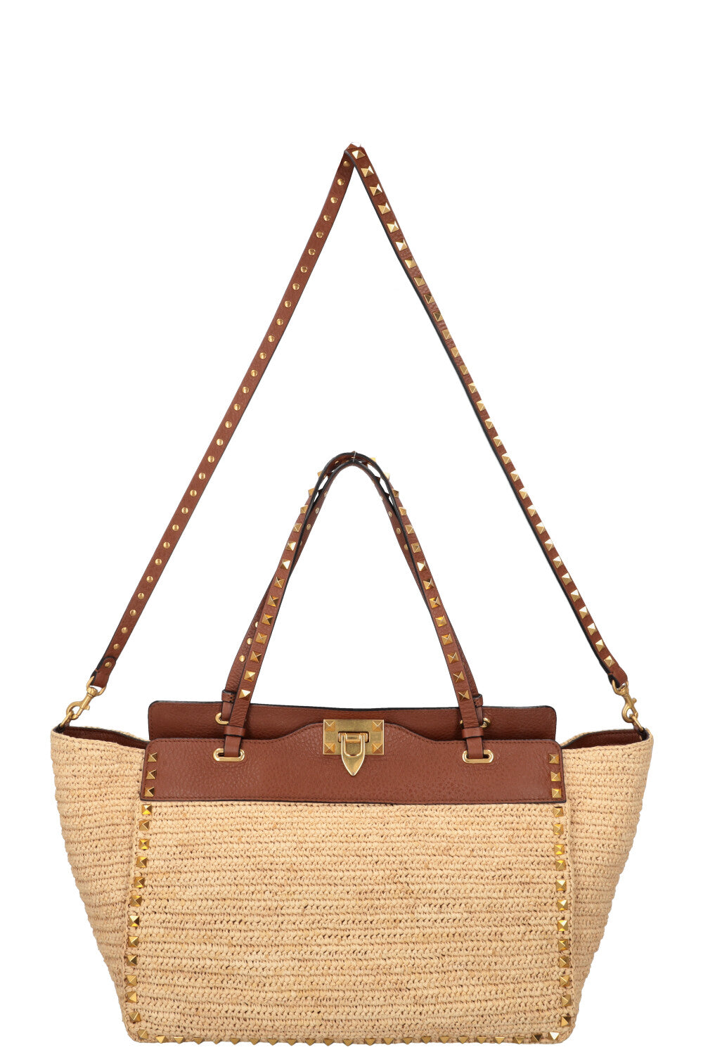 VALENTINO Rockstud Tote Bag Raffia Brown