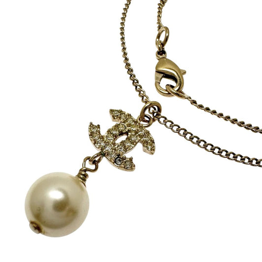 Chanel Coco Mark Necklace Metal Rhinestone Faux Pearl