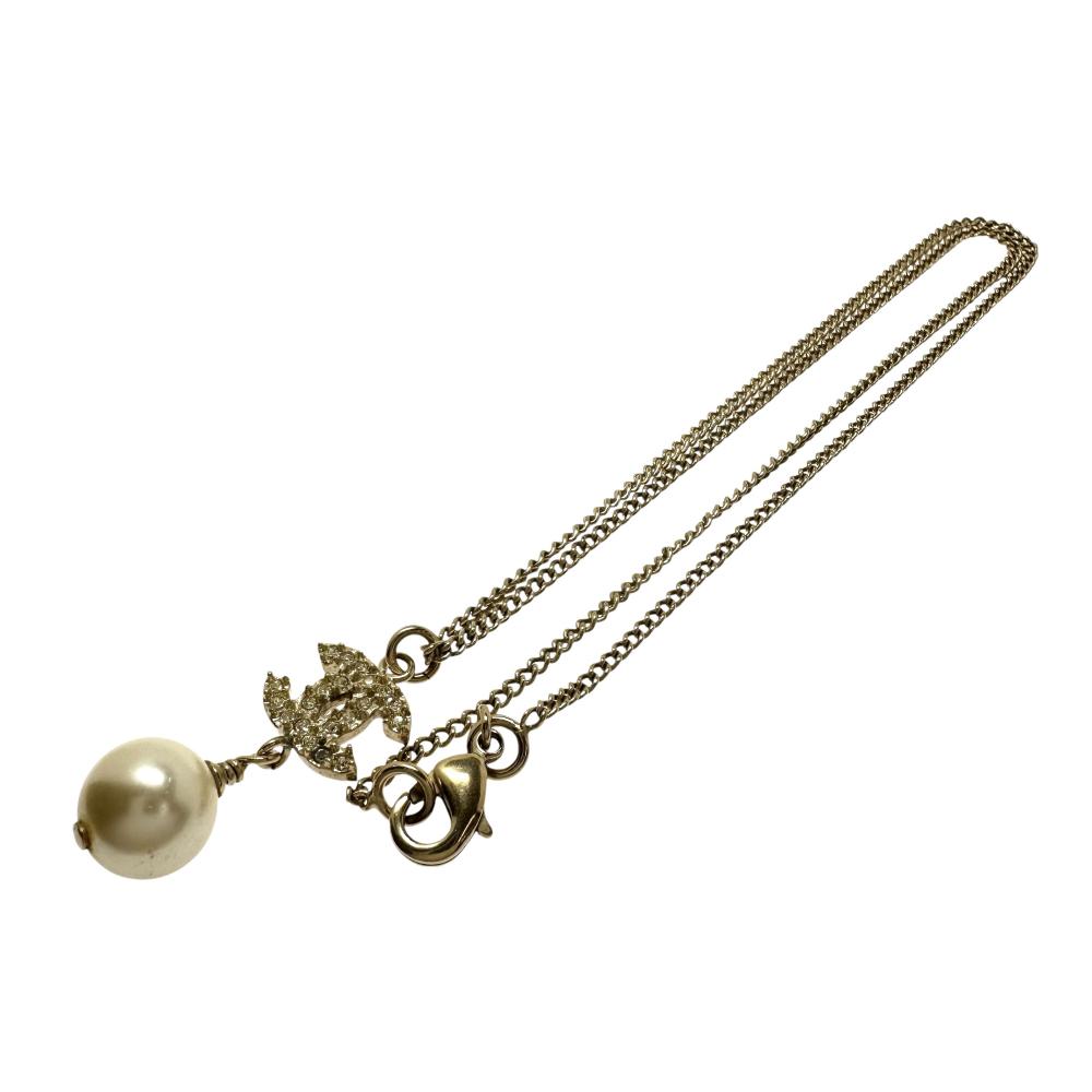 Chanel Coco Mark Necklace Metal Rhinestone Faux Pearl