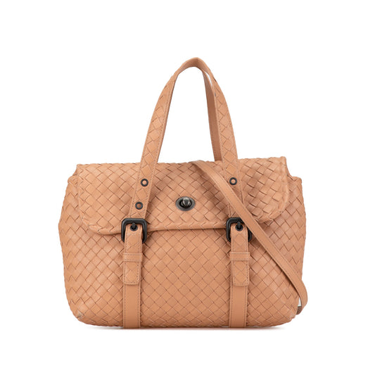 Tan Bottega Veneta Intrecciato Flap Satchel