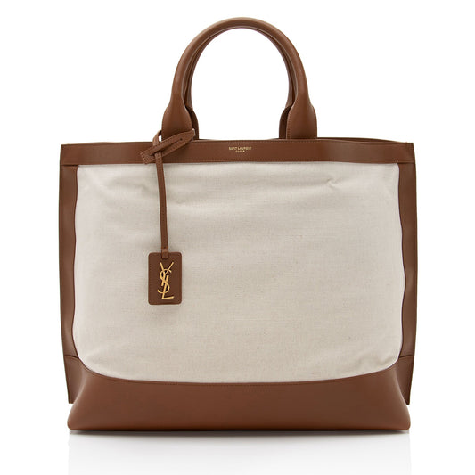 Saint Laurent Linen Calfskin Cabas Tote (SHF-hnokNy)