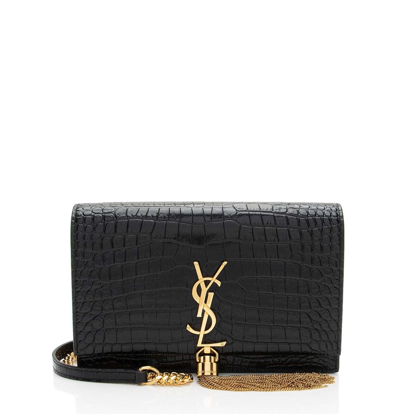 Saint Laurent Croc Embossed Leather Monogram Kate Tassel Chain Wallet (SHF-5rBHmu)