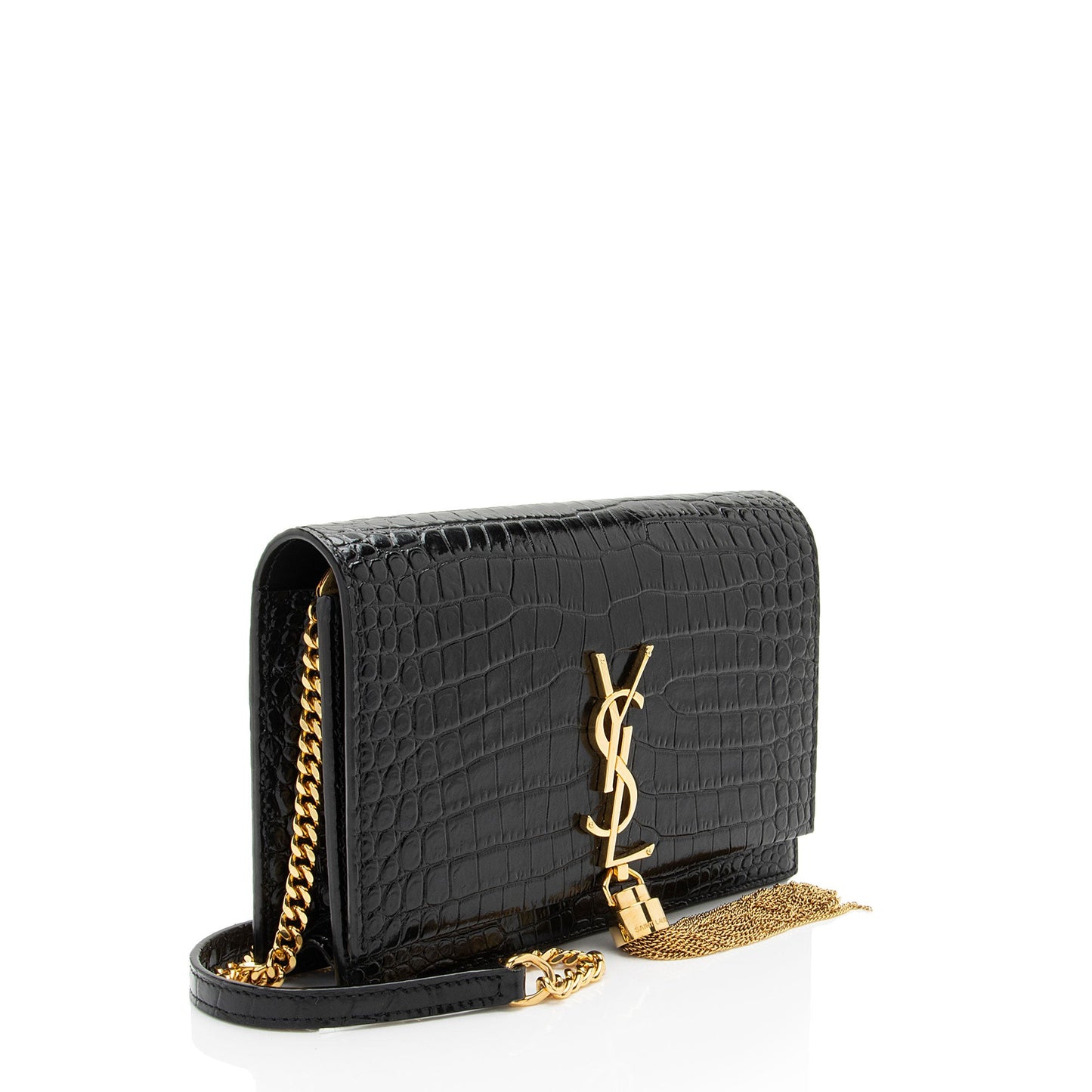 Saint Laurent Croc Embossed Leather Monogram Kate Tassel Chain Wallet (SHF-5rBHmu)