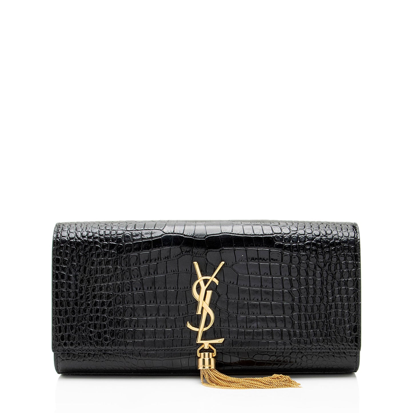 Saint Laurent Croc Embossed Leather Monogram Kate Tassel Clutch