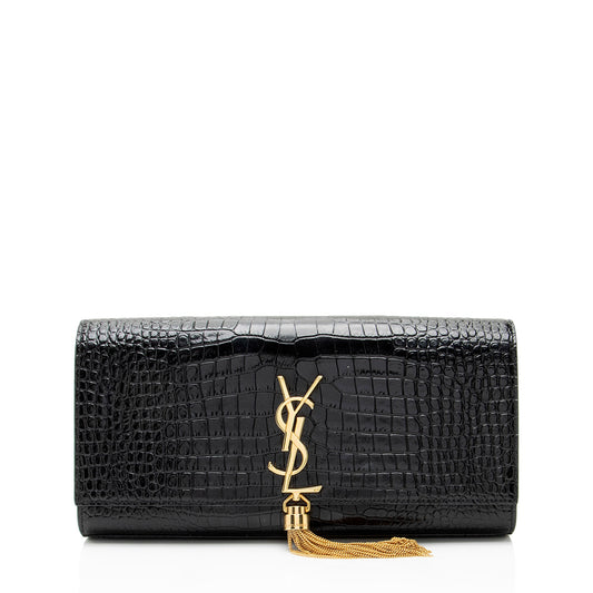Saint Laurent Croc Embossed Leather Monogram Kate Tassel Clutch
