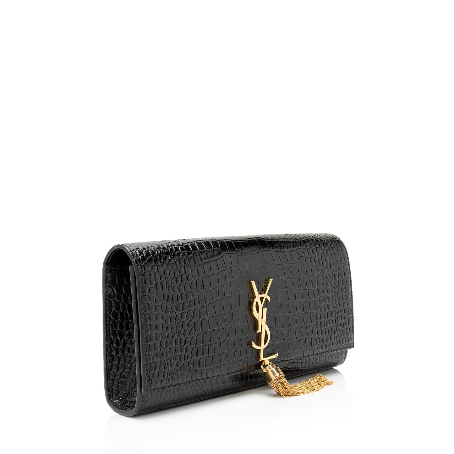 Saint Laurent Croc Embossed Leather Monogram Kate Tassel Clutch