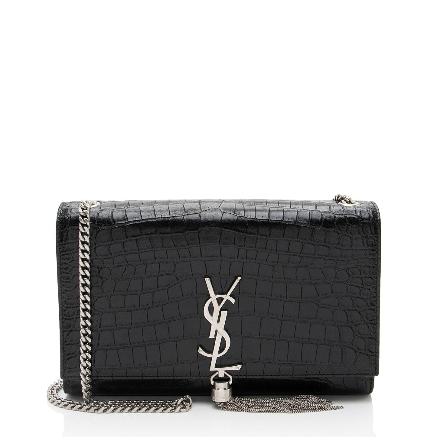 Saint Laurent Croc Embossed Leather Monogram Kate Tassel Medium Shoulder Bag