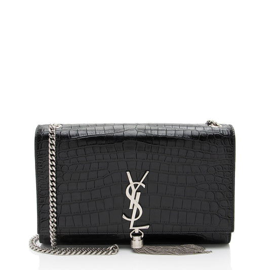 Saint Laurent Croc Embossed Leather Monogram Kate Tassel Medium Shoulder Bag