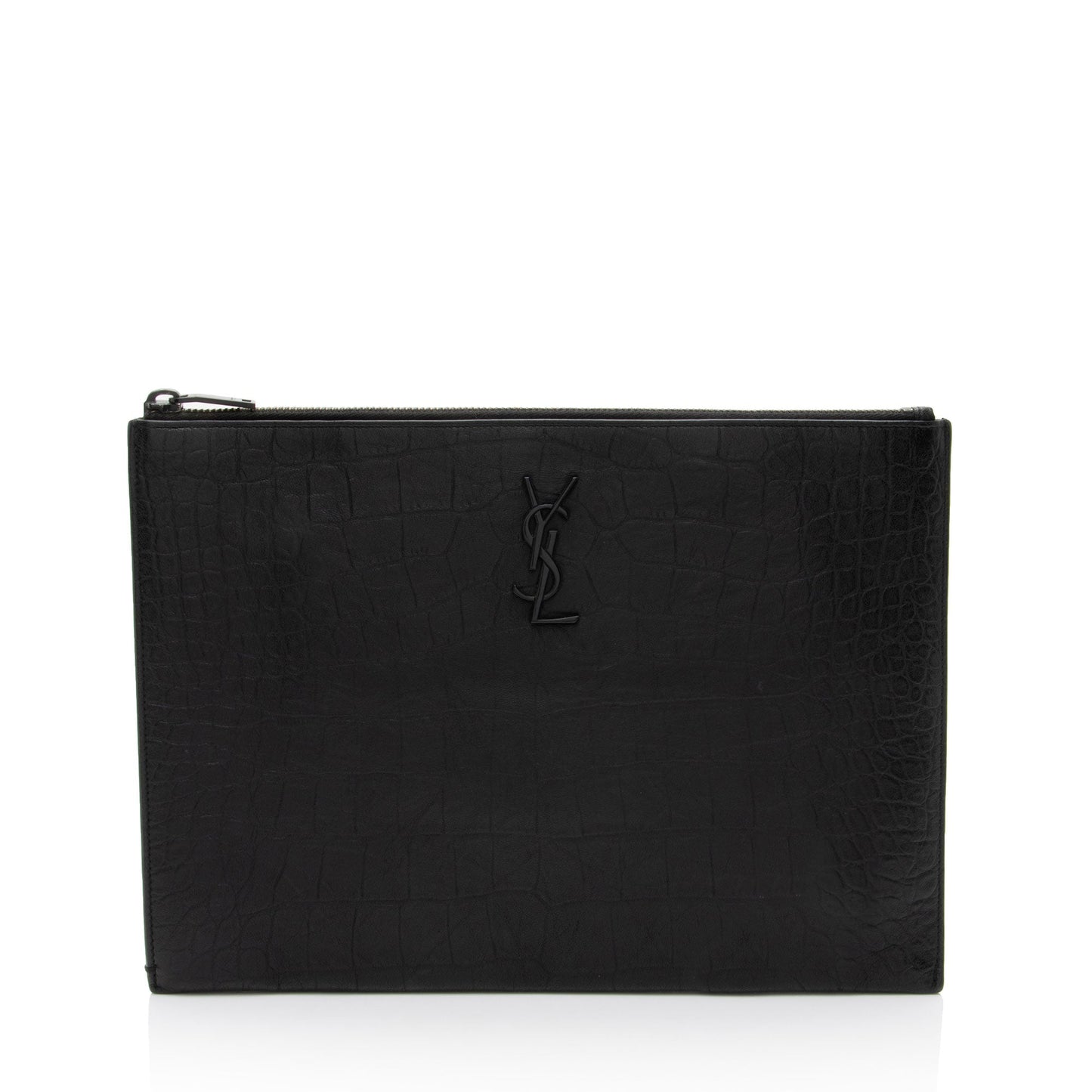 Saint Laurent Croc Embossed Leather Monogram Large Zip Pouch