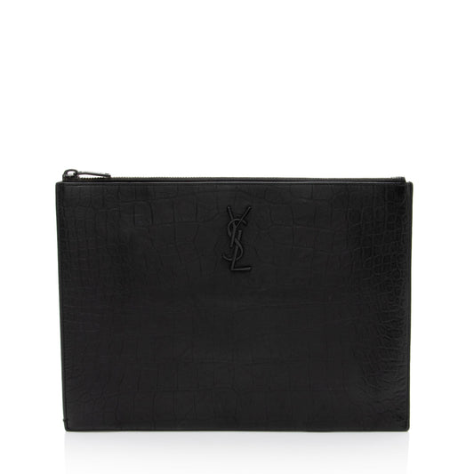 Saint Laurent Croc Embossed Leather Monogram Large Zip Pouch