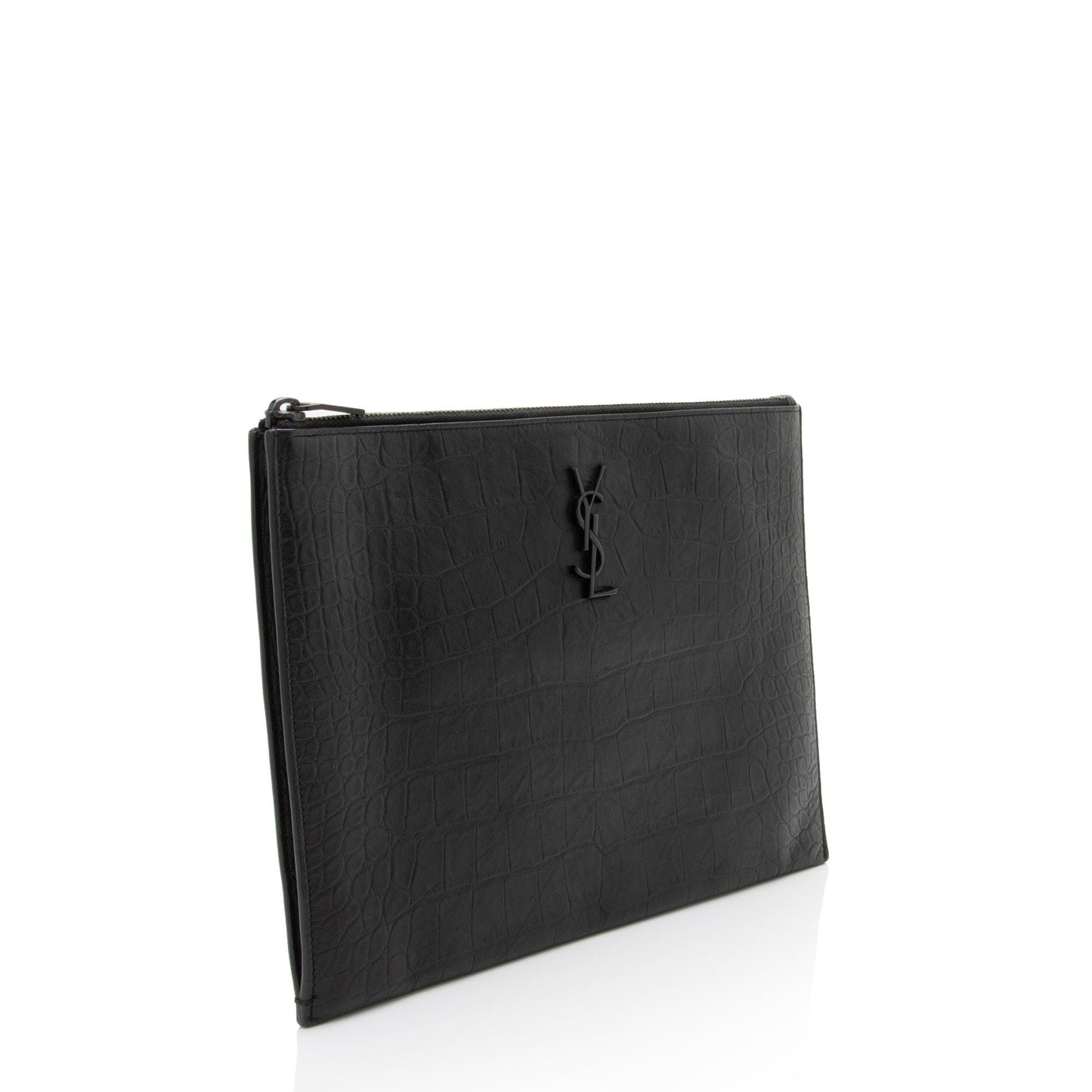 Saint Laurent Croc Embossed Leather Monogram Large Zip Pouch