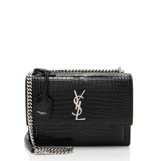Saint Laurent Croc Embossed Leather Monogram Sunset Medium Shoulder Bag (SHF-M2o6S1)