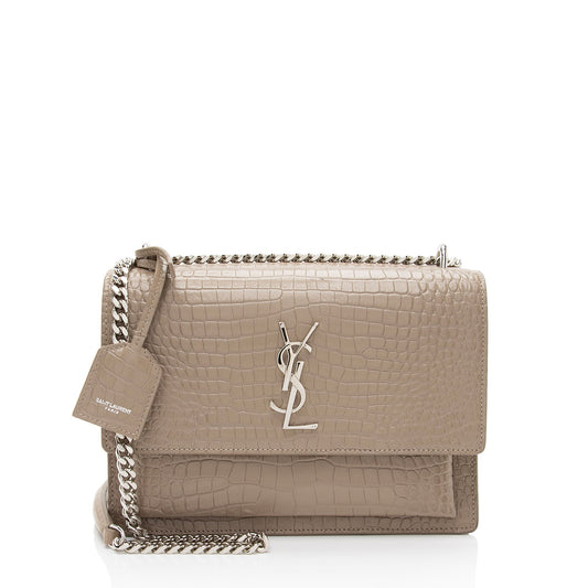 Saint Laurent Croc Embossed Leather Monogram Sunset Medium Shoulder Bag