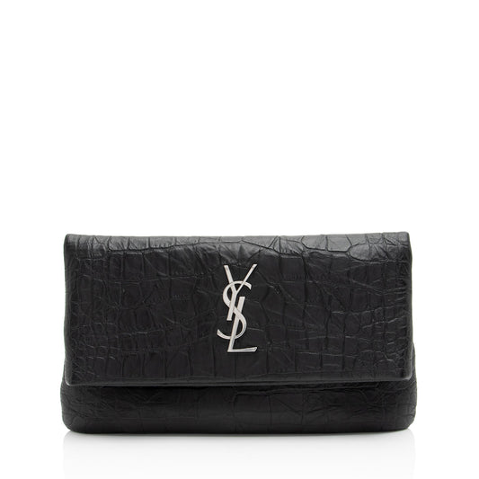 Saint Laurent Croc Embossed Leather West Hollywood Fold Over Clutch (SHF-NOzA7P)