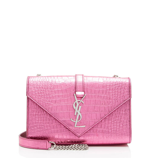 Saint Laurent Metallic Croc Embossed Leather Monogram Small Envelope Bag (SHF-NH7kKe)