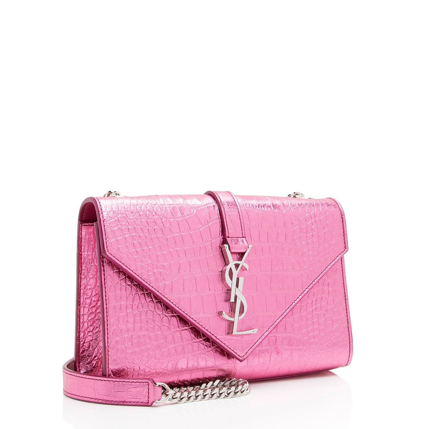 Saint Laurent Metallic Croc Embossed Leather Monogram Small Envelope Bag (SHF-NH7kKe)
