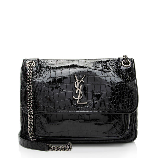 Saint Laurent Patent Croc Embossed Leather Monogram Niki Medium Shoulder Bag (SHF-zhfiM7)