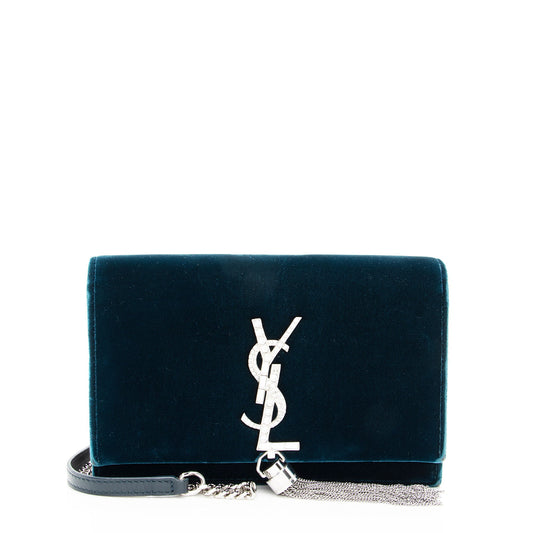 Saint Laurent Velvet Crystal Monogram Kate Tassel Chain Wallet (SHF-eGts0Q)