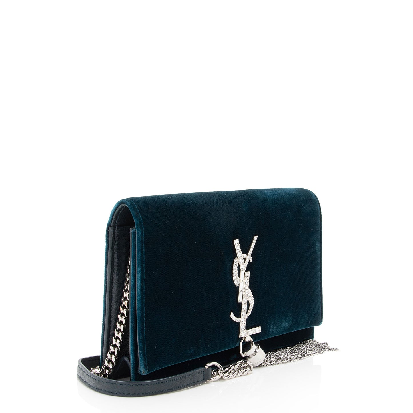 Saint Laurent Velvet Crystal Monogram Kate Tassel Chain Wallet (SHF-eGts0Q)