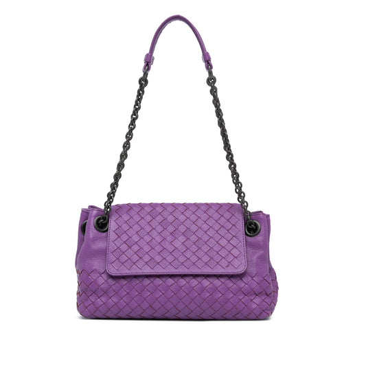Purple Bottega Veneta Small Madras Goatskin Intrecciato Shoulder Bag