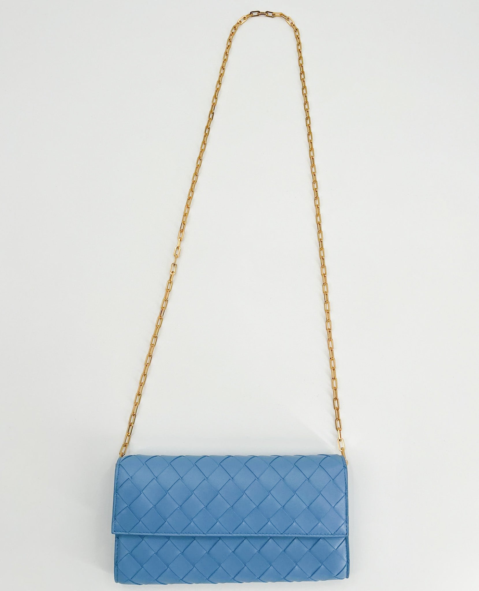Bottega Veneta Intrecciato Leather Chain Wallet - Sky Blue Sky Blue