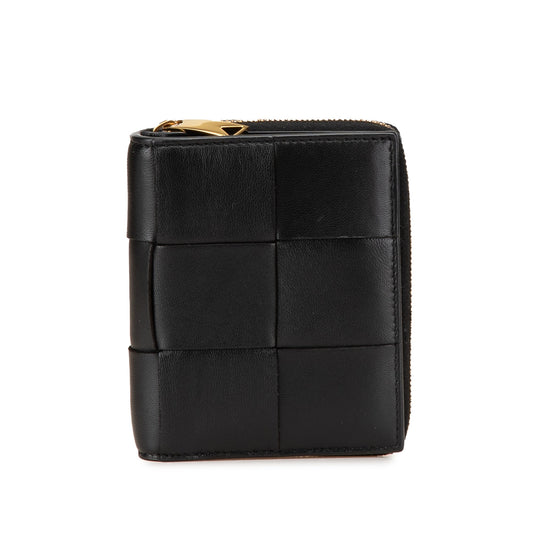 Black Bottega Veneta Lambskin Maxi Intreccio Cassette Bifold Zip Wallet