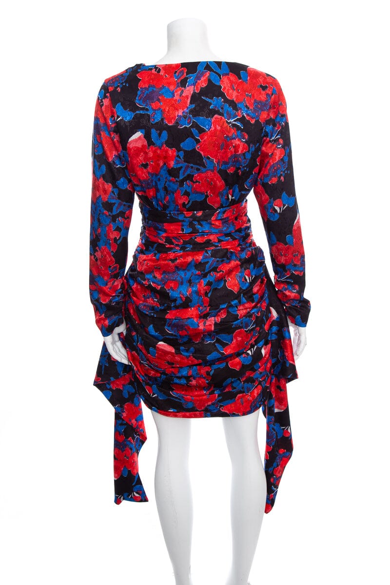 Saint Laurent Red and Blue Floral Long Sleeve Mini Dress SZ M