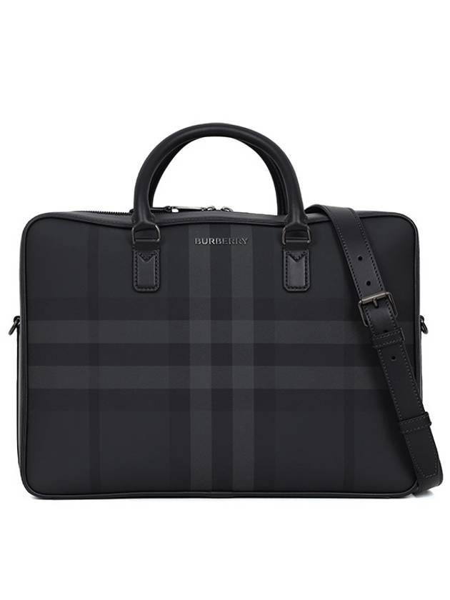 Burberry Check Print Leather Brief Case Charcoal