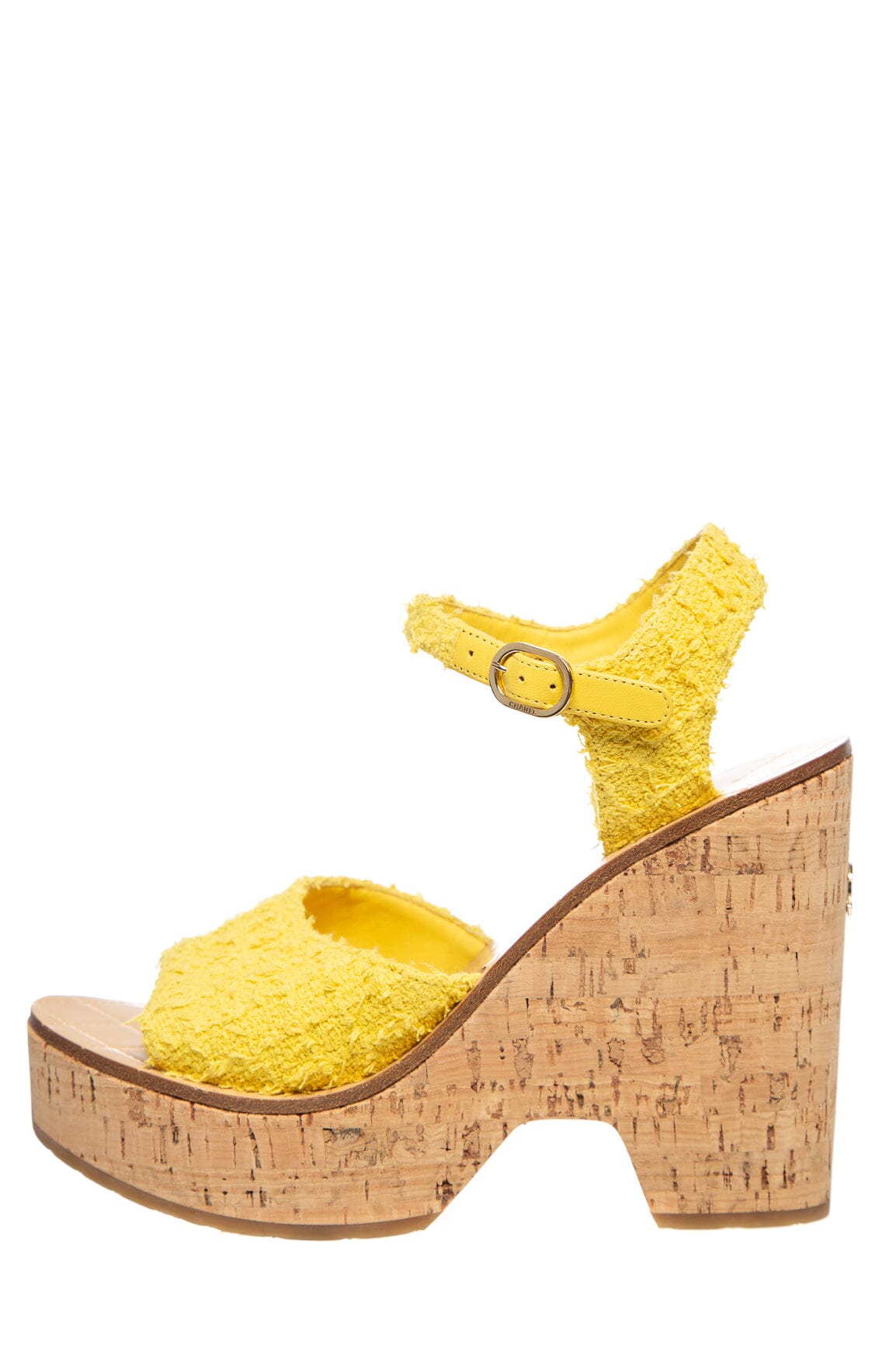 Chanel Yellow Tweed Wedge Ankle Strap Platforms SZ 39