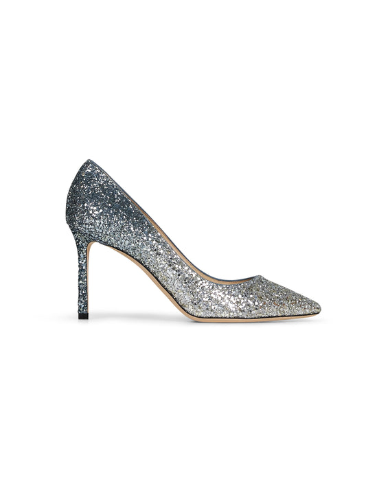 Jimmy Choo Women Silver And Blue Glitter Romy 85 Pumps
