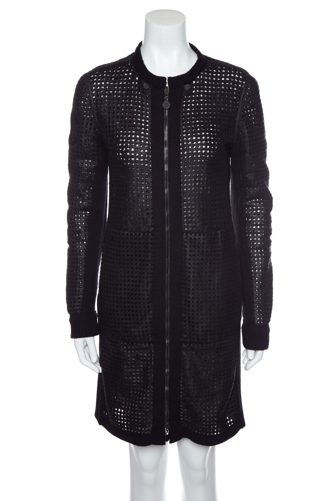 Chanel Black Perforated Leather and Knit Long Line Reversible Coat SZ N/A