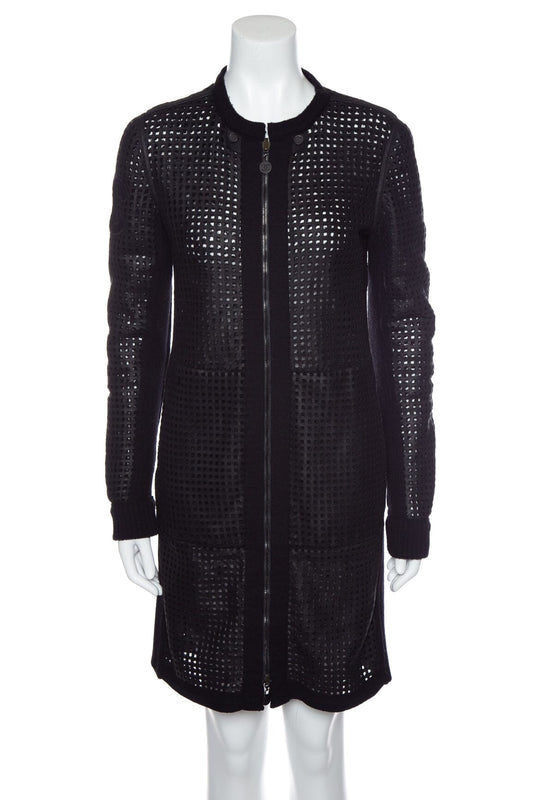 Chanel Black Perforated Leather and Knit Long Line Reversible Coat SZ N/A