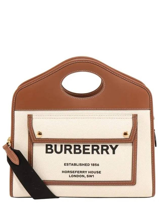 Burberry Small Two-tone Canvas Leather Pocket Tote Bag Natural Malt Brown