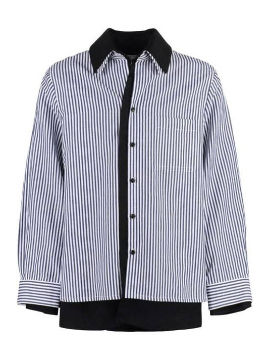 Bottega Veneta Cotton Linen Stripe Double Long Sleeve Shirt Blue